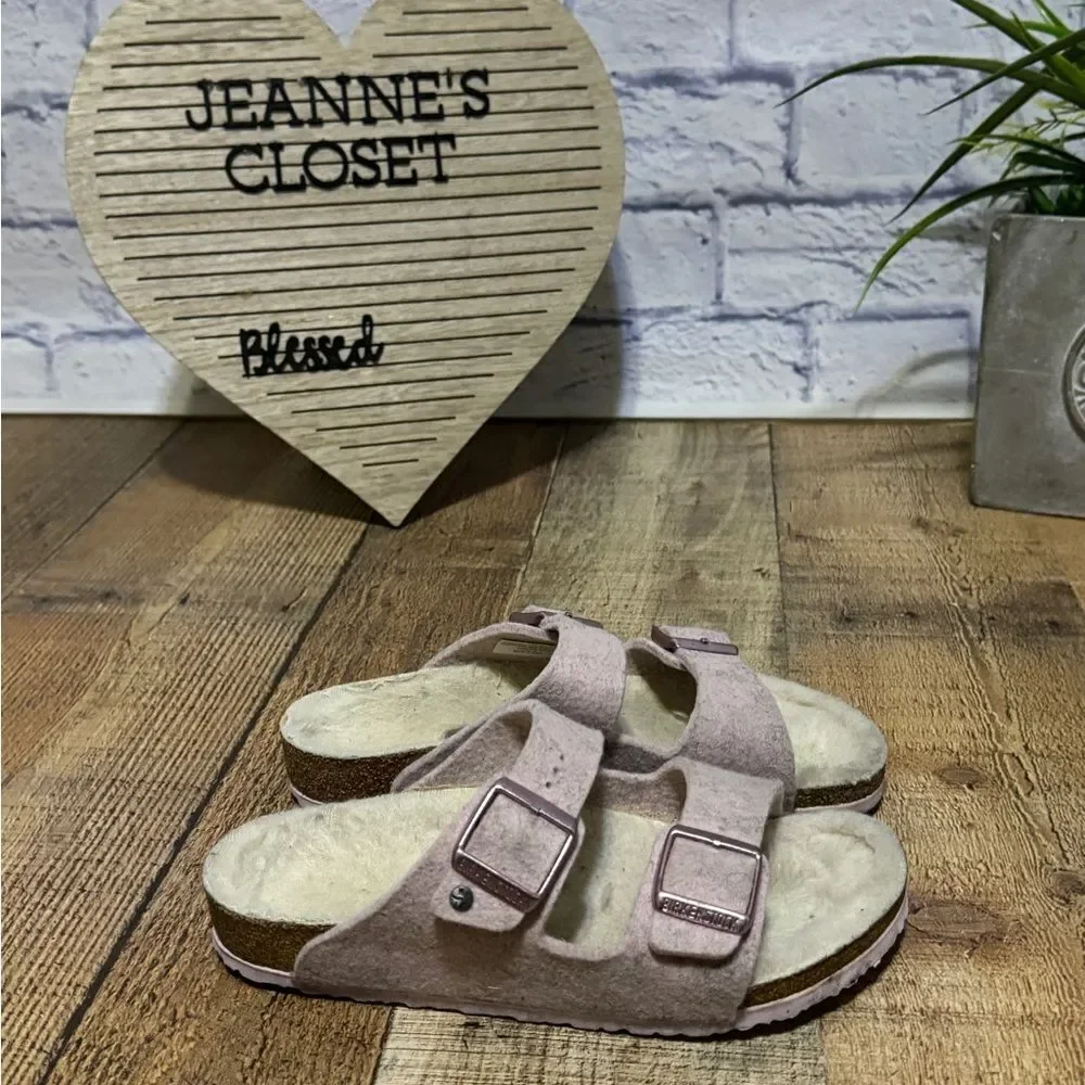 Birkenstock ARIZONA Double WOOL SLIDE Sandal Blush Pink Unisex 34‎ narrow
